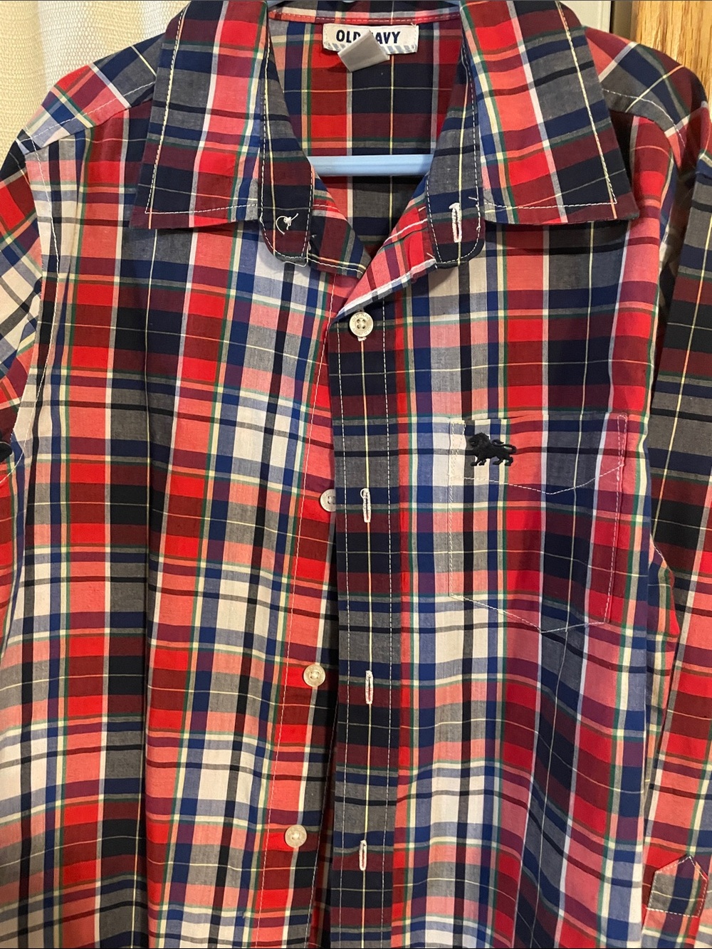 Old Navy Red Navy Plaid Casual Button-Down Shirt